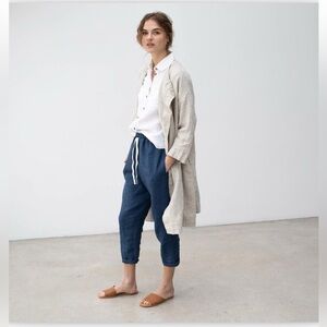 notPERFECTLINEN Natural Beige Linen Long Open Front Oversized Coat Jacket